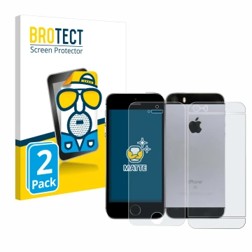 Face avant d’un emballage produit avec le logo de la marque BROTECT. À côté, l’appareil Apple iPhone SE 2016 (Avant+Arrière) e