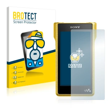 Face avant d’un emballage produit avec le logo de la marque BROTECT. À côté, l’appareil Sony Walkman NW-WM1A est représenté av