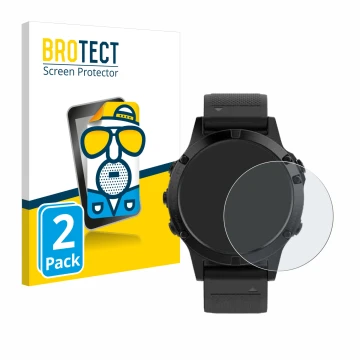Face avant d’un emballage produit avec le logo de la marque BROTECT. À côté, l’appareil Garmin Fenix 5 (47 mm) est représenté 