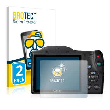 Face avant d’un emballage produit avec le logo de la marque BROTECT. À côté, l’appareil Canon PowerShot SX430 IS est représent