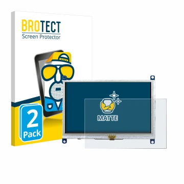 Face avant d’un emballage produit avec le logo de la marque BROTECT. À côté, l’appareil Raspberry Pi Touchscreen 5