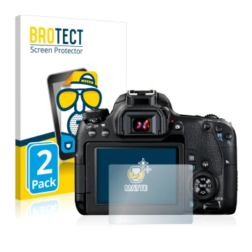 Face avant d’un emballage produit avec le logo de la marque BROTECT. À côté, l’appareil Canon EOS 77D est représenté avec la p