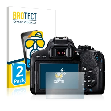 Face avant d’un emballage produit avec le logo de la marque BROTECT. À côté, l’appareil Canon EOS 800D est représenté avec la 