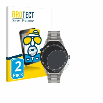 Face avant d’un emballage produit avec le logo de la marque BROTECT. À côté, l’appareil TAG Heuer Connected Modular 45 est rep