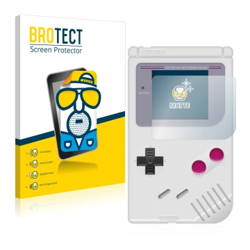 Face avant d’un emballage produit avec le logo de la marque BROTECT. À côté, l’appareil Nintendo Gameboy (1989) est représenté