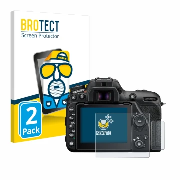 Face avant d’un emballage produit avec le logo de la marque BROTECT. À côté, l’appareil Nikon D7500 est représenté avec la pro