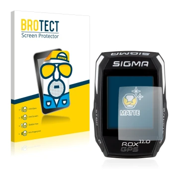 Face avant d’un emballage produit avec le logo de la marque BROTECT. À côté, l’appareil Sigma ROX GPS 11.0 est représenté avec