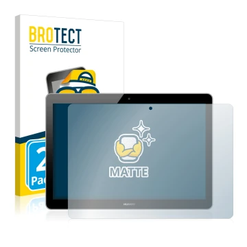 Face avant d’un emballage produit avec le logo de la marque BROTECT. À côté, l’appareil Huawei MediaPad T3 10 est représenté a