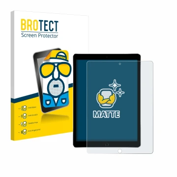 Face avant d’un emballage produit avec le logo de la marque BROTECT. À côté, l’appareil Apple iPad Pro 12.9