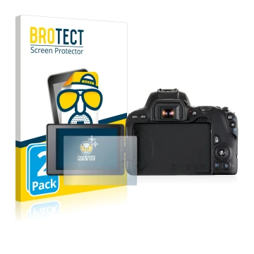 Face avant d’un emballage produit avec le logo de la marque BROTECT. À côté, l’appareil Canon EOS 200D est représenté avec la 
