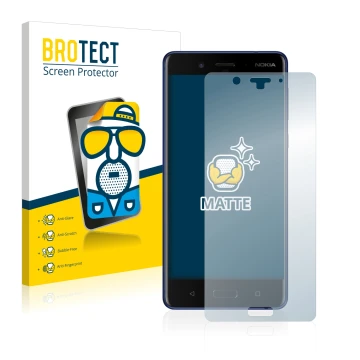 Face avant d’un emballage produit avec le logo de la marque BROTECT. À côté, l’appareil Nokia 8 est représenté avec la protect