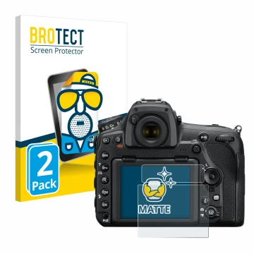Face avant d’un emballage produit avec le logo de la marque BROTECT. À côté, l’appareil Nikon D850 est représenté avec la prot