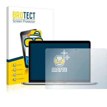 Face avant d’un emballage produit avec le logo de la marque BROTECT. À côté, l’appareil Apple MacBook Pro 13