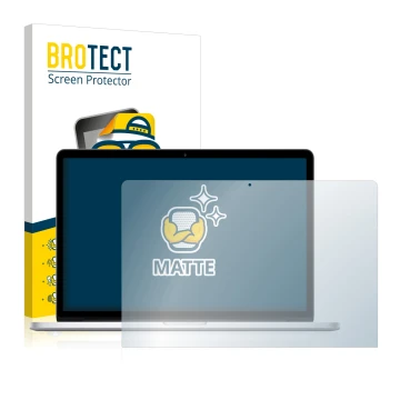 Face avant d’un emballage produit avec le logo de la marque BROTECT. À côté, l’appareil Apple MacBook Pro 15