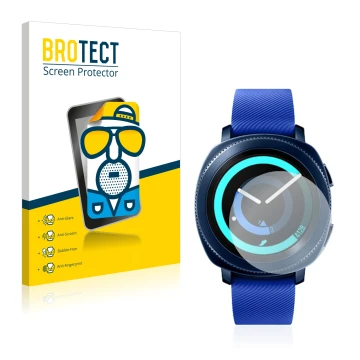 Face avant d’un emballage produit avec le logo de la marque BROTECT. À côté, l’appareil Samsung Gear Sport est représenté avec