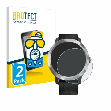 Face avant d’un emballage produit avec le logo de la marque BROTECT. À côté, l’appareil Garmin vivoactive 3 est représenté ave