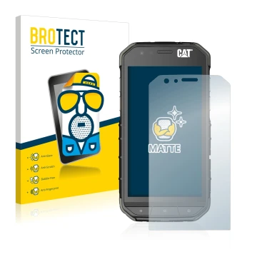 Face avant d’un emballage produit avec le logo de la marque BROTECT. À côté, l’appareil Caterpillar Cat S31 est représenté ave