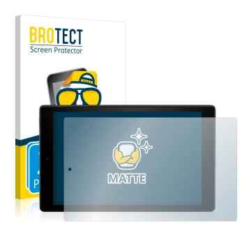 Face avant d’un emballage produit avec le logo de la marque BROTECT. À côté, l’appareil Amazon Fire HD 10 2017 (7ème Gen.) est