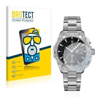 Face avant d’un emballage produit avec le logo de la marque BROTECT. À côté, l’appareil TAG Heuer Aquaracer (43 mm) est représ