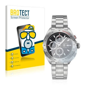 Face avant d’un emballage produit avec le logo de la marque BROTECT. À côté, l’appareil TAG Heuer Formula 1 (44 mm) est représ