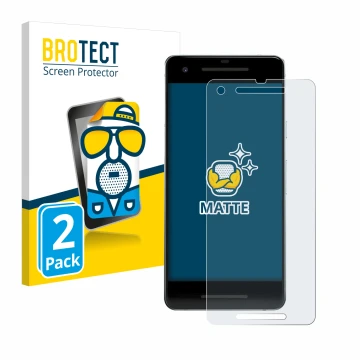 Face avant d’un emballage produit avec le logo de la marque BROTECT. À côté, l’appareil Google Pixel 2 est représenté avec la 