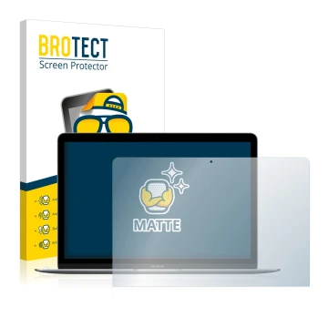 Face avant d’un emballage produit avec le logo de la marque BROTECT. À côté, l’appareil Apple MacBook Retina 12