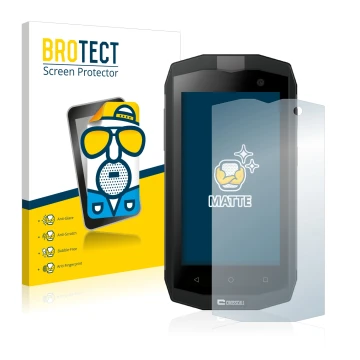 Face avant d’un emballage produit avec le logo de la marque BROTECT. À côté, l’appareil Crosscall Trekker M1 Core est représen