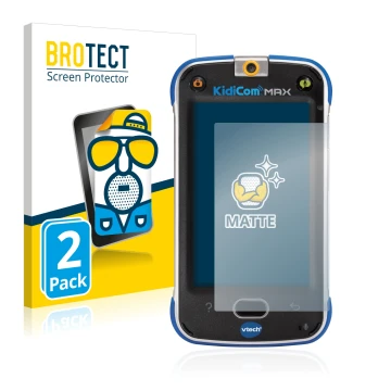 Face avant d’un emballage produit avec le logo de la marque BROTECT. À côté, l’appareil Vtech Kidicom Max est représenté avec 