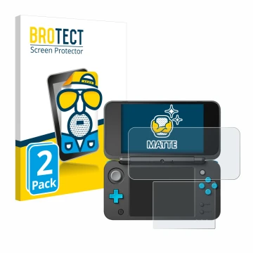 Face avant d’un emballage produit avec le logo de la marque BROTECT. À côté, l’appareil New Nintendo 2DS XL est représenté ave