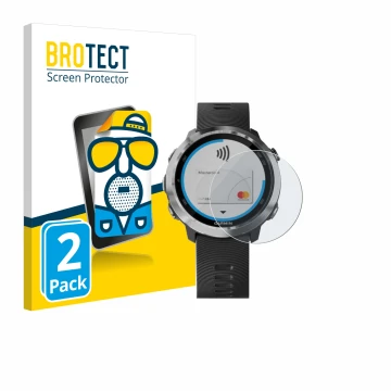 Face avant d’un emballage produit avec le logo de la marque BROTECT. À côté, l’appareil Garmin Forerunner 645 est représenté a