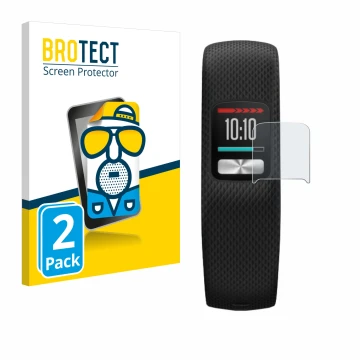 Face avant d’un emballage produit avec le logo de la marque BROTECT. À côté, l’appareil Garmin Vivofit 4 est représenté avec l