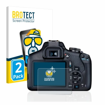 Face avant d’un emballage produit avec le logo de la marque BROTECT. À côté, l’appareil Canon EOS 2000D est représenté avec la