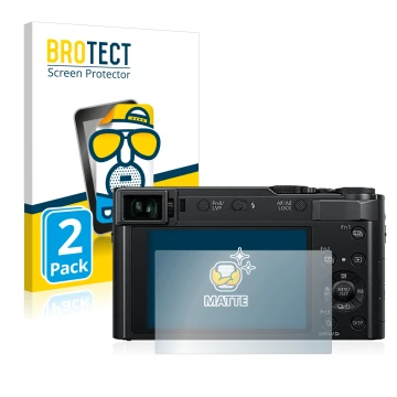 Face avant d’un emballage produit avec le logo de la marque BROTECT. À côté, l’appareil Panasonic Lumix DC-TZ202 est représent