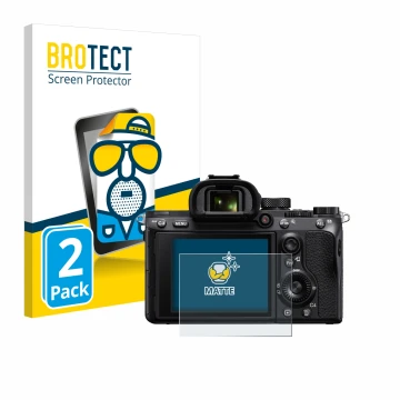Face avant d’un emballage produit avec le logo de la marque BROTECT. À côté, l’appareil Sony Alpha 7 III (ILCE-7M3) est représ
