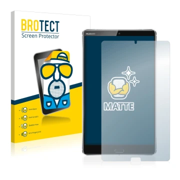 Face avant d’un emballage produit avec le logo de la marque BROTECT. À côté, l’appareil Huawei MediaPad M5 8.4 est représenté 