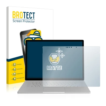 Face avant d’un emballage produit avec le logo de la marque BROTECT. À côté, l’appareil Microsoft Surface Book 2 15