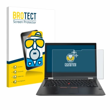 Face avant d’un emballage produit avec le logo de la marque BROTECT. À côté, l’appareil Lenovo ThinkPad Yoga X380 est représen