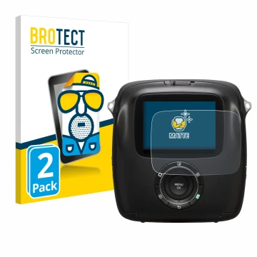 Face avant d’un emballage produit avec le logo de la marque BROTECT. À côté, l’appareil Fujifilm Instax Square SQ10 est représ