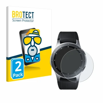 Face avant d’un emballage produit avec le logo de la marque BROTECT. À côté, l’appareil Samsung Galaxy Watch (46 mm) est repré