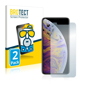 Face avant d’un emballage produit avec le logo de la marque BROTECT. À côté, l’appareil Apple iPhone Xs Max est représenté ave
