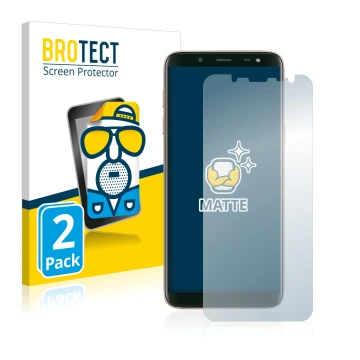 Face avant d’un emballage produit avec le logo de la marque BROTECT. À côté, l’appareil Samsung Galaxy J6 2018 est représenté 
