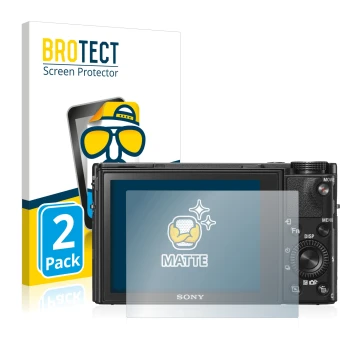Face avant d’un emballage produit avec le logo de la marque BROTECT. À côté, l’appareil Sony Cyber-Shot DSC-RX100 VI est repré