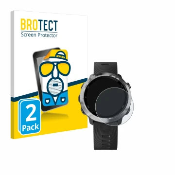 Face avant d’un emballage produit avec le logo de la marque BROTECT. À côté, l’appareil Garmin Forerunner 645 Music est représ