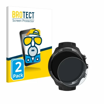 Face avant d’un emballage produit avec le logo de la marque BROTECT. À côté, l’appareil Suunto 9 est représenté avec la protec