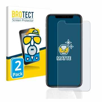 Face avant d’un emballage produit avec le logo de la marque BROTECT. À côté, l’appareil Apple iPhone Xs est représenté avec la