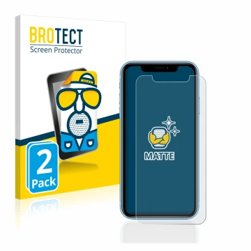 Face avant d’un emballage produit avec le logo de la marque BROTECT. À côté, l’appareil Apple iPhone XR est représenté avec la