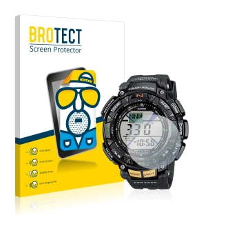 Face avant d’un emballage produit avec le logo de la marque BROTECT. À côté, l’appareil Casio Pro Trek PRG-240-1ER est représe