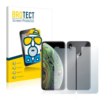Face avant d’un emballage produit avec le logo de la marque BROTECT. À côté, l’appareil Apple iPhone Xs (Avant+Arrière) est re