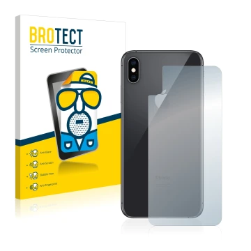 Face avant d’un emballage produit avec le logo de la marque BROTECT. À côté, l’appareil Apple iPhone Xs Max (Le dos) est repré