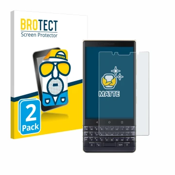 Face avant d’un emballage produit avec le logo de la marque BROTECT. À côté, l’appareil BlackBerry Key2 LE est représenté avec